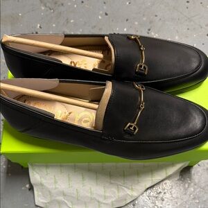 Black Leather Loafers with Gold Detail